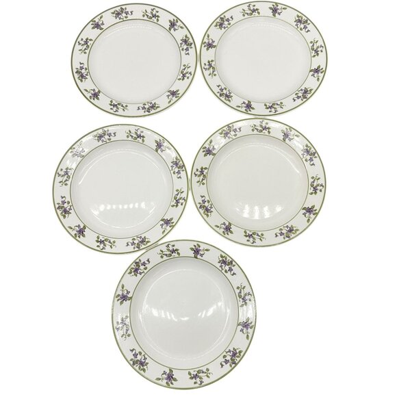 MSE Set Of 5 Lunch Plates 9 inch White With Green Trim Purple Floral Design - Picture 3 of 8
